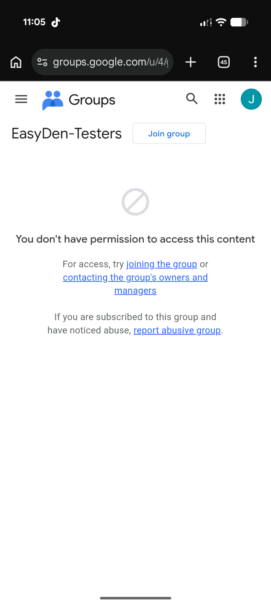 Google Groups EasyDen-Testers page showing the Join group button.