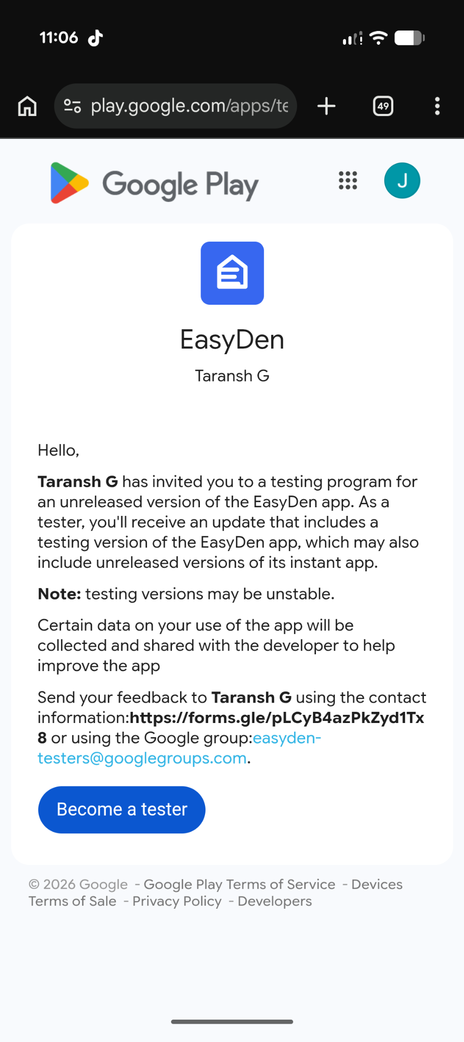 EasyDen Google Play testing page showing the Become a tester button.