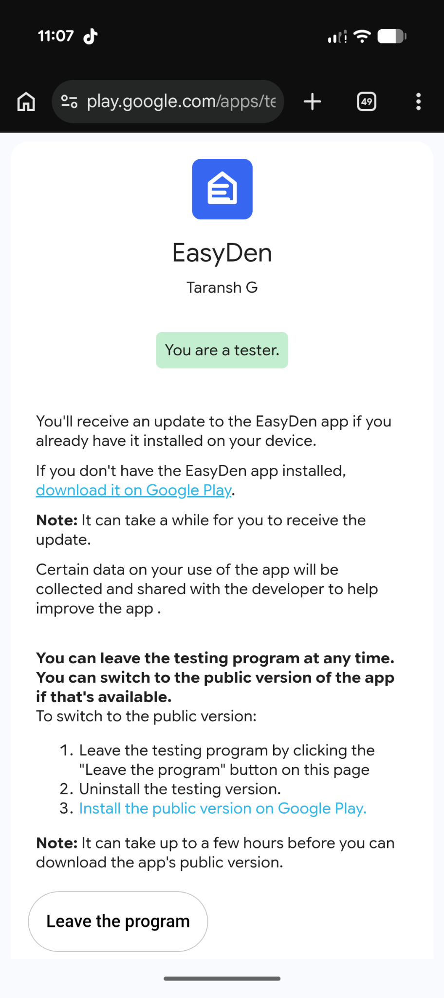Confirmed EasyDen tester page showing the download it on Google Play link.