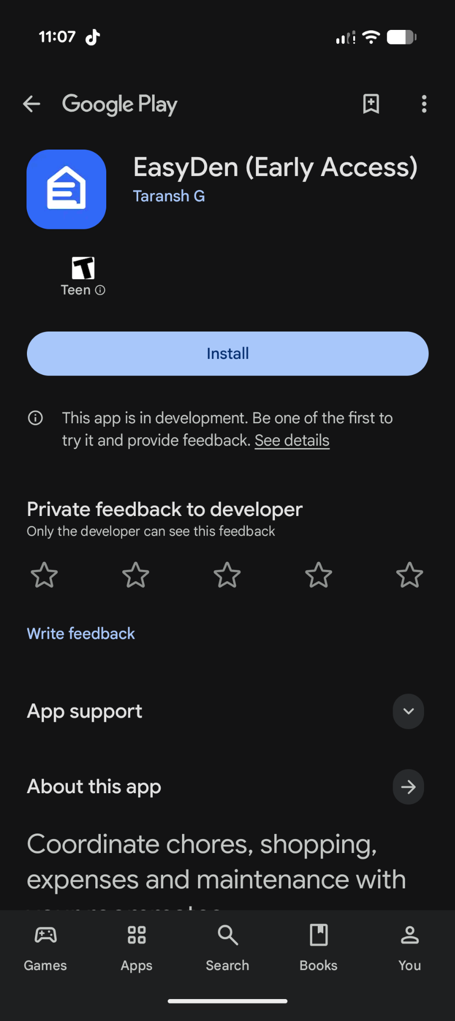 EasyDen Early Access listing in Google Play showing the Install button.
