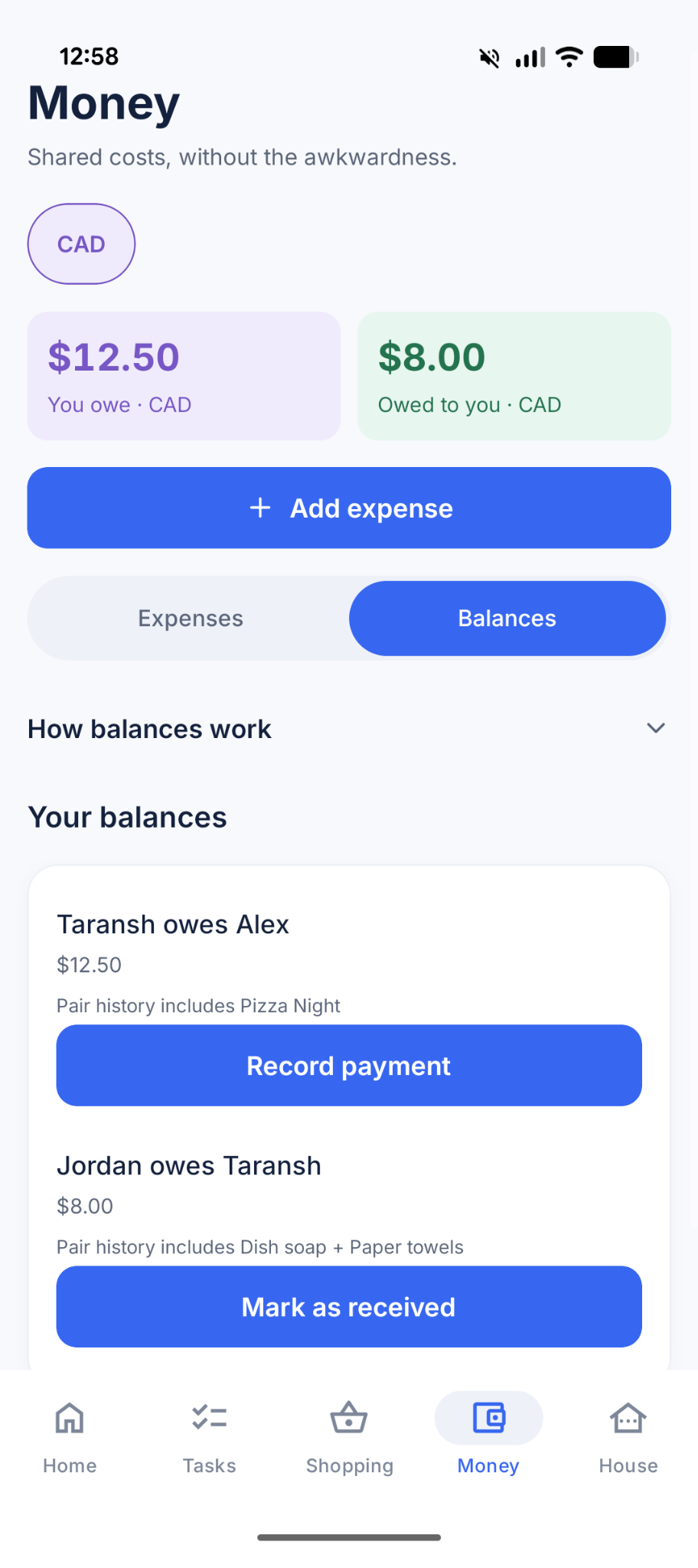 EasyDen shared expenses screen