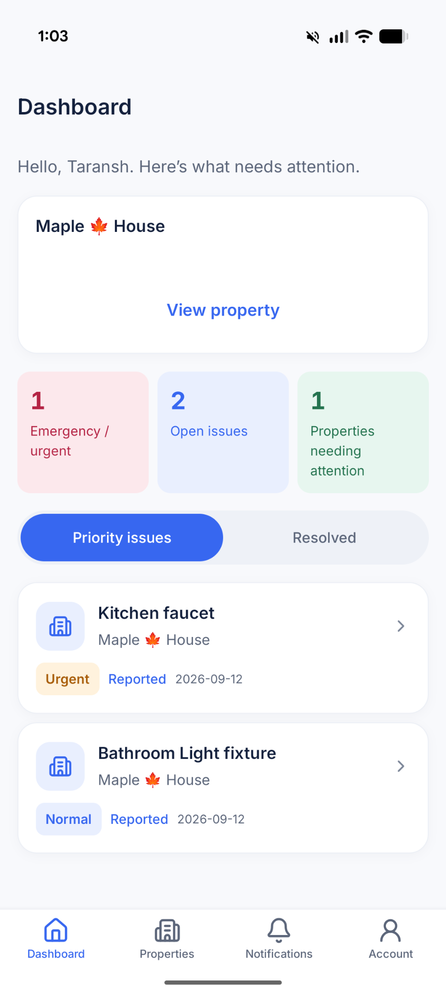 EasyDen property manager mobile maintenance view